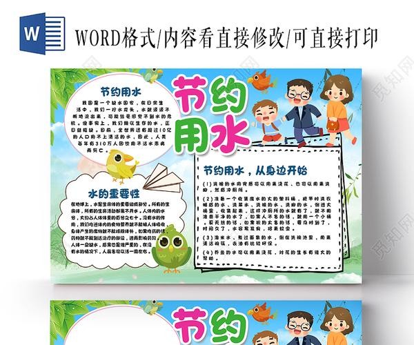 蓝绿色卡通节约用水小报手抄报世界水日