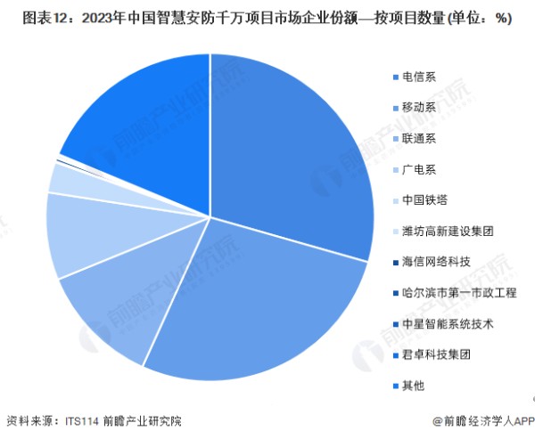 图表12：2023年中国智慧安防千万项目市场企业份额——按项目数量(单位：%)