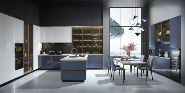 modern-high-gloss-white-and-navy-blue-eat-in-kitchen-cabinets