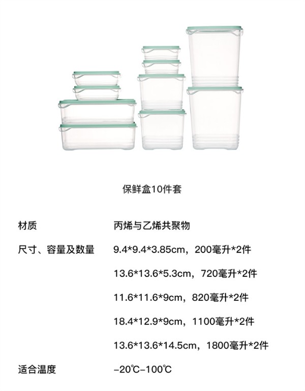 冰箱、微波炉可用：淘宝心选食品级保鲜盒十件套19.9元