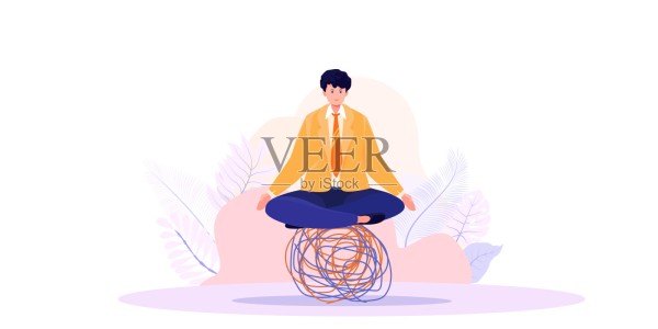 压力管理，冥想或放松以减少焦虑，在解决问题或挫折时控制情绪的工作理念，人在莲花冥想中对混乱混乱行正能量。插画图片素材