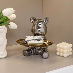 DIYALOR 轻奢玄关放钥匙收纳置物架装饰挂钩进门口入户暴力熊摆件创意托盘 银色方盘