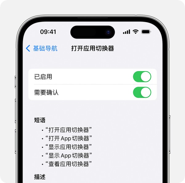 iPhone 显示了“打开 App 切换器”的命令设置。“已启用”和“需要确认”处于打开状态，还有一个短语列表，其中列出了要使用这个命令时可以说出的短语。