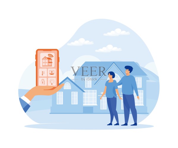 智能家居app，控制系统，生态住宅背景，家庭造型，科技，生活理念。平面矢量现代插图插画图片素材