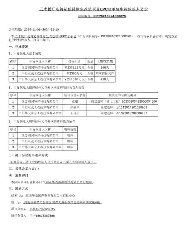 湖南华菱湘潭钢铁五米板厂连铸超低排除尘改造项目中标候选人公示