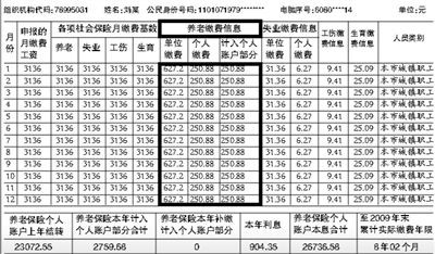 2009年度社保对账单(来源：北京市社保中心网站)