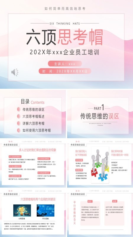 六顶思考帽如何简单而高效的思考员工培训课件PPT模板