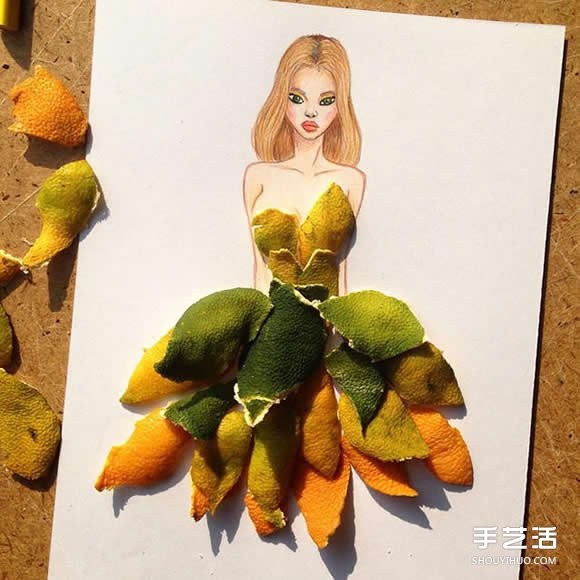 插画家利用生活用品DIY制作画中人的美丽服饰