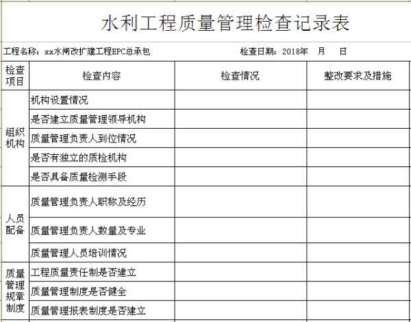 水利强制性条文执行记录表资料下载-水利工程质量管理检查及检查整改记录表