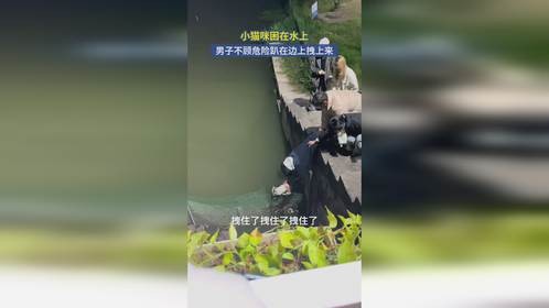 小猫咪困在水上，男子不顾危险趴在边上拽上来