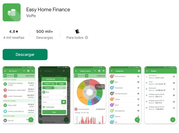 Easy Home Finance app para gestionar gastos diarios