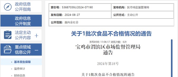 陕西省宝鸡市渭滨区市场监督管理局关于1批次食品不合格情况的通告