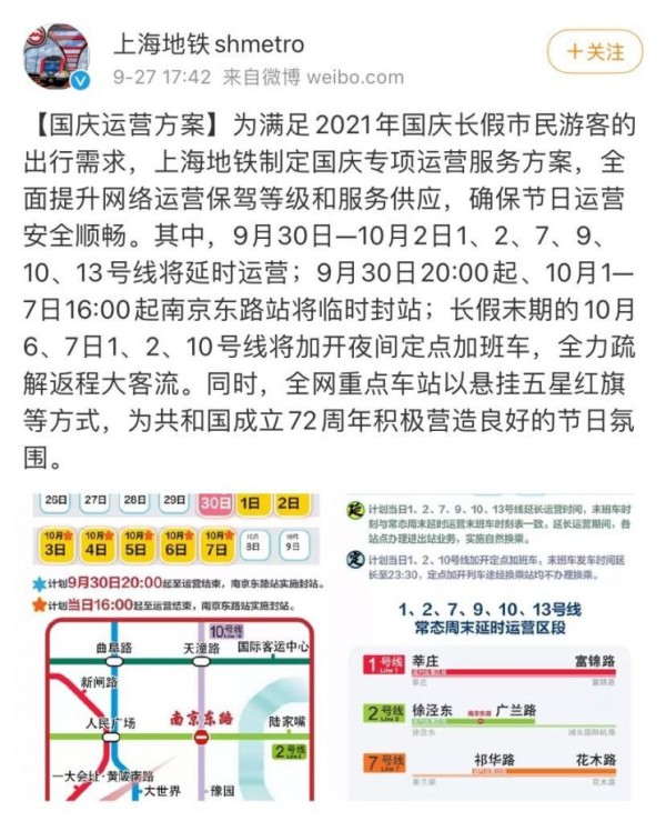 2021国庆上海地铁出行攻略(延时运营+封站管制)