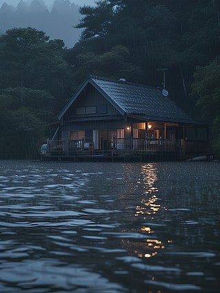 宁静的湖边小屋,乡村风光, 田园风光, 农村, 乡村生活, 农田, 村庄, 自然风光, 晴空, 麦田, 牧场, 蓝天白云, 农舍, 山水画, 田野, 农民, 农耕, 农家乐, 田园诗, 水塘, 斜阳,