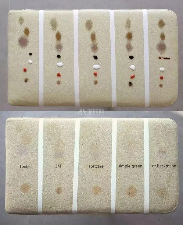 清洁不可拆洗的沙发，是一项不小的挑战。布艺面料在日常使用中更容易被弄脏，如果家里有熊孩子/猫主子/狗儿子……那么织物表面被破坏的风险则爆炸式增长。 住友@minimore 今日就要为你来推荐几款专门针对布艺沙发的清洁剂，并进行测评。究竟哪款清洁剂才是布艺沙发的救星?快往下看吧。 【日用品】布艺沙发清洁剂评测 哪个才是布艺沙发的救星? 为了使测试结果更明显，我们使用浅色面料的坐垫分别做了清洁和防护两种测试，一起来感受一下： TEST 1 : 清洁剂 五种清洁剂,从左至右依次为： 1：textile，意大利 2：3M，美国 3：softcare，芬兰 4：simplegreen，美国 5：dr.bekeman，德国 七种污渍，从上至下依次为： 咖啡，红茶，红酒，酱油，牛奶，番茄酱，辣椒油 清洁前后的对比 推荐：simple green 和3M，淘宝可购买，除了辣椒油外，其他的污渍还是相对有效的，可以一试，使用方法详见产品说明。 可以看出，清洁过后，完全干透的坐垫表面，仍留下了很明显的痕迹。尤其是辣椒油，极易渗透且很难清洁，这一步测试做完，很沮丧... 所以使用没有任何保护的布艺沙发，内心是不安的。 所以，与其亡羊补牢，不如防范于未然–––– TEST 2: 保护剂 三种保护剂，从左至右分别是 1: textile ， 意大利 2: 3M scotch gard ，美国 3: softcare ， 芬兰 ■喷涂三种保护剂，面料表面湿润即可，建议在表面薄薄的喷涂两层，效果更好。 ■约2-3个小时后便会自然风干。干透后的面料手感没有发生明显变化。 保护剂在织物表面形成了拒水透气膜，因此水分无法快速渗透进到织物纤维里面，中间被液体直接冲击的部分有轻微渗透，只需要尽快用纸巾将水分轻轻吸掉之后就可以。 ■ 常见有色物质测试 8种物质：(红酒，红茶，咖啡，可乐，牛奶，酱油，番茄酱，辣椒酱) 将这些污渍在垫子表面停滞超过5分钟后，用纸巾进行了清理。 对比三块区域结果，几乎所有的液体都被轻松的处理掉，除了辣椒油仍会造成少量残留。 ■ 对辣椒油污渍进行再次清理，对应使用了三个品牌配套的清洁剂，对比未清洁前，虽没有闪亮如新，但比没有做任何保护的面料来说清洁起来更容易，效果也更明显。 清洁后超过12小时的效果(因拍摄时自然光照不同，所以照片呈现有色差) 做了这些测试，诚实的给大家一些小建议： 1. 一定要使用防护剂!亲测证实，几乎所有的清洁剂都很难把布艺沙发表面的污渍清理干净;但防护剂却能有效对污渍进行阻隔，测试后的三种品牌都不相伯仲，我们推荐3M(思高洁防水防污喷雾保护剂)，因为旗舰店有售，购买方便，也适用于地毯。每瓶喷雾剂可以喷涂约1个三人位沙发，建议薄薄的喷涂两遍，效果更好。一般建议3个月补涂一次，可参考3M官方网站使用说明。 2. 防护剂能有效保护表面不受污渍浸染，日常摩擦也不容易脏。但如果总是穿着硬硬的牛仔裤摩擦的话，容易破坏防水涂层。尽量避免辣椒油和含油脂的酱汁类污渍，好的使用习惯会使我们的家居物品更长久的陪伴; 3. 喷涂过程中我们认为会有刺激性气味散出，所以建议喷涂时佩戴口罩，并请家里的小朋友老人回避，喷好之后房间保持开窗通风状态，以便气味尽快散除。推荐的3M系列有环保认证，可以通过他们的官方网站查询到这个系列产品的环保信息。 实际使用中可能会和测试中的效果有些差异，如果有其他状况或者更好的解决方式，期待能与大家交流～ 相关阅读： 生活小妙招：皮沙发去除污渍6个小技巧 11个超实用生活清洁小妙招 让你的家焕然一新 家居清洁用品品牌有哪些 4个品牌要推荐