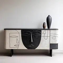 This may contain: a black and white cabinet with two vases on it's sideboard in front of a wall