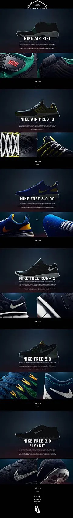 与鞋共舞！NIKE时尚创新运动鞋HTML5酷站。往下拉有许多360度三维旋转鞋特效。酷站截图欣赏-编号：101179