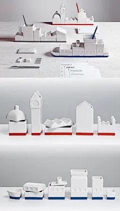 “Desktructure”桌面文具收纳系列有三种造型，船体（蓝色）、城市建筑（红色）和工业建筑（灰色）。其设计完全采用陶瓷材料，既是模块化，我们可以任意排列造型，增加其中的任一模块，如此便于更换，也方便清理。
