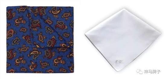 Harvie & Hudson Paisley Pattern Pocket Squares £40；Emma Willis White Cotton Handkerchief £60