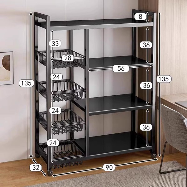 厨房置物架落地多层蔬菜篮子收纳架 【加粗加厚款】90*32*135CM-黑色