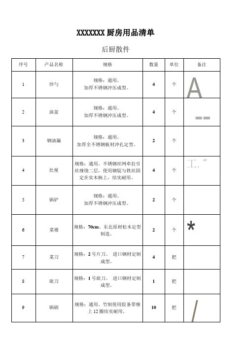 厨房用品、后厨散件配置单