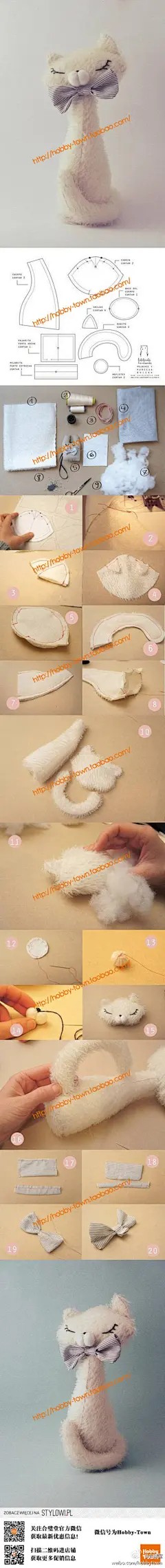 #手工教程#玩偶DIY-优雅的猫咪，系着小领结，闭着双眼，优美的线条，可爱又毛绒绒的尾巴，真心是个非常不错的摆饰（转）如果用普通的棉布配合Hamanaka的动物植毛系列，想必效果会更赞吧！这款羊毛有绒毛的质感，手感非常顺滑细腻哦！