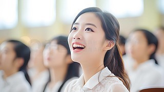 大学生活日常场景人像摄影图学生们在校园音乐厅参加合唱团和管弦乐队的排练