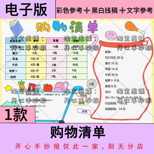 购物清单手抄报超市购物生活中的数学购物中的数学小报数学日记