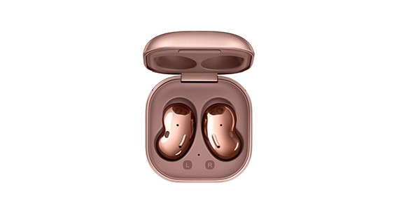 一对曜岩黑Samsung Galaxy Buds Live耳机放在打开状态充电盒中的俯视图。