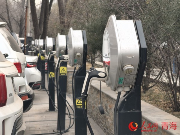 西寧市區內隨處可見的新能源汽車充電站。人民網 馬可欣攝