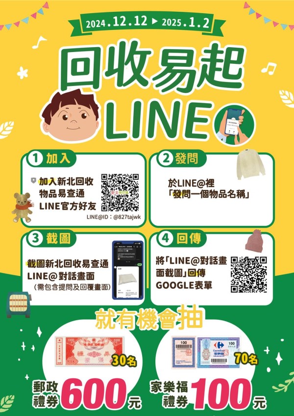 12月12日至明年1月2日加入「新北市回收物品易查通」LINE帐号，并完成指定步骤，就有机会抽中600元邮政礼券及100元家乐福礼券。（新北市环保局提供）