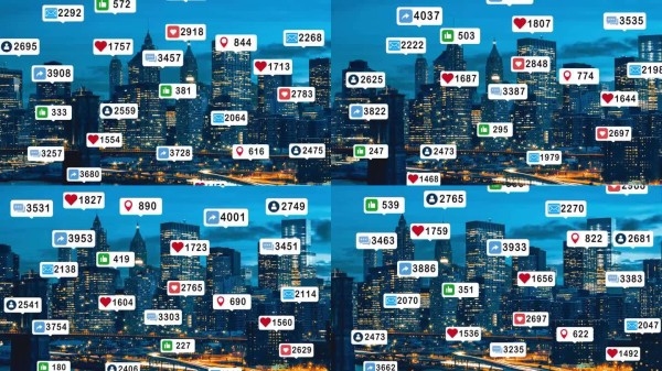 社会化媒体营销、高参与度人群和在线社区的概念。社交网络符号漂浮在城市景观剪影日落与增加计数。