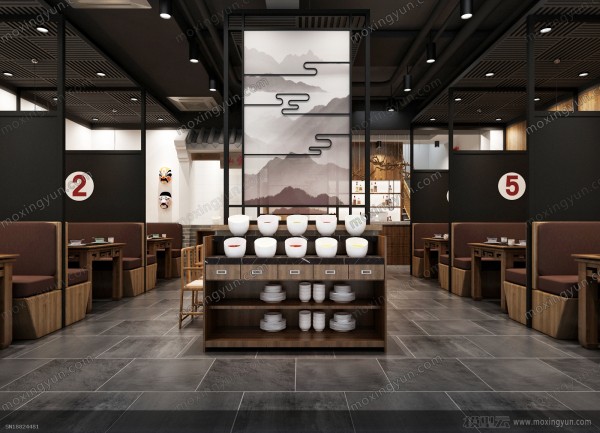 新中式餐厅火锅店桌椅卡座屏风3d模型