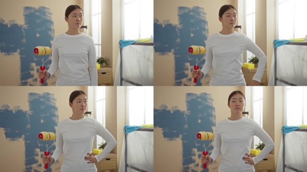 女人在新装修的客厅里用滚筒刷墙，专注于室内设计和DIY项目。