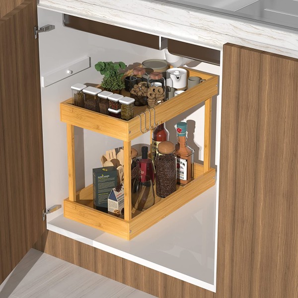2 Tier Spice Rack Holder Bamboo Under Sink Organizer Wood Storage Drawer Organization Cabinet Shelf for Bathroom