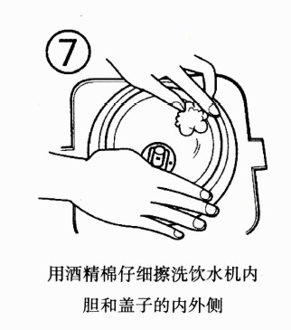 用酒精棉仔细擦洗饮水机内 胆和盖子的内外侧