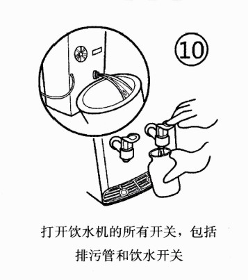 打开饮水机的所有开关，包括 排污管和饮水开关