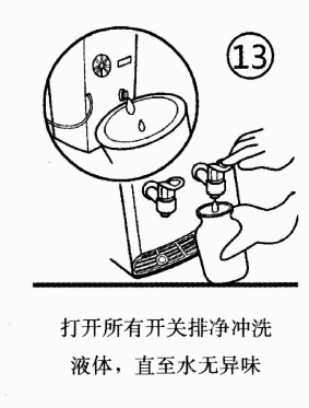 打开所有开关排净冲洗液体，直至水无异味