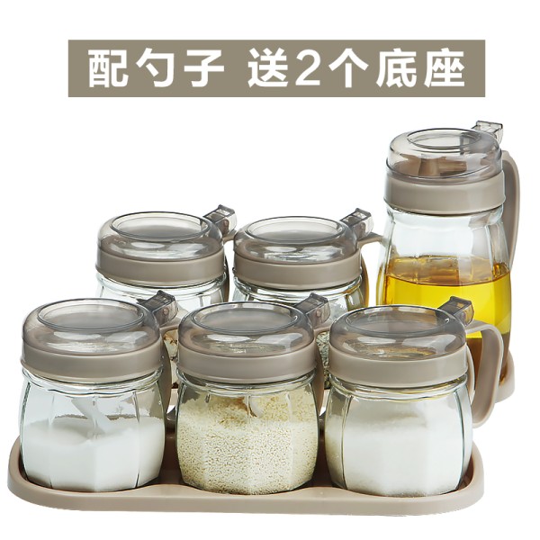 调料盒玻璃家用组合装套装调味瓶调味罐调料瓶辣椒罐油壶厨房用品 浅灰色：1个油壶+5个调味罐