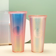 杯子ins风高颜值女生礼品钻石杯大容量跨境双层塑料吸管杯榴莲杯