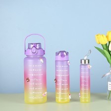 跨境渐变三件套塑料杯大容量户外运动水壶便携吸管杯磨砂水杯批发