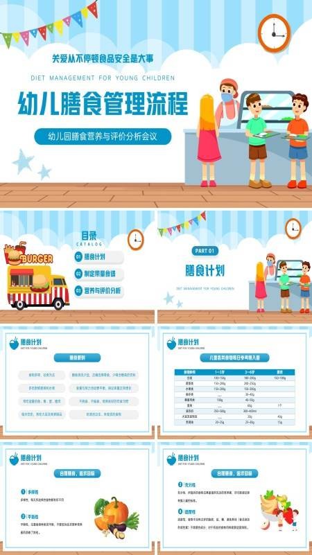 蓝色插画风幼儿膳食管理流程幼儿园食品安全会议PPT