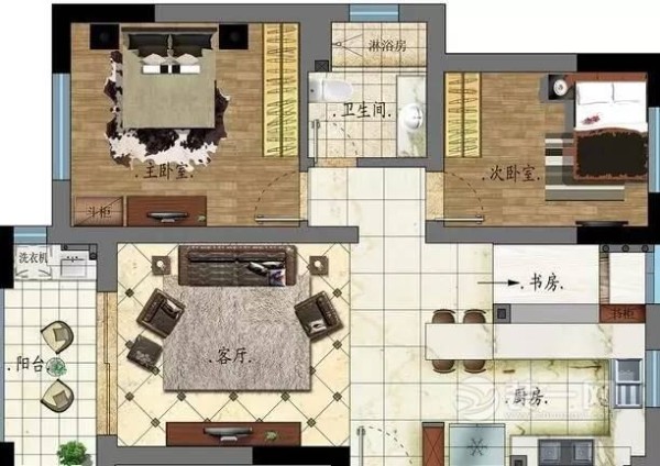 90平米美式风格小三居旧房改造案例户型图