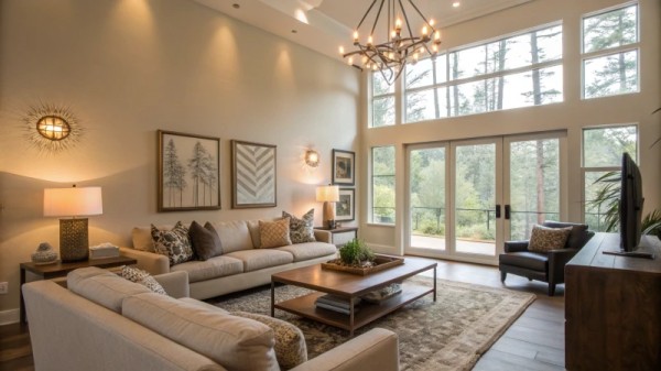 Modern living room with effective lighting