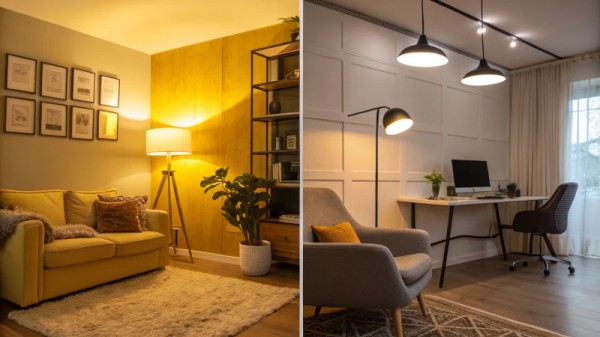 A split scene depicting a cozy living room and a modern office space under different lighting conditions.