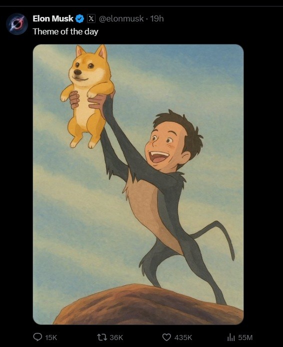 elon-musk-doge-coin-ghibli-style AI爆改吉卜力风格照片? ChatGPT-4o要收费, 但这里有免费方法! AIGC-图片 Grok (X.AI) 人工智能 (AI) 媳妇 小技巧 有意思的 照片 资讯 