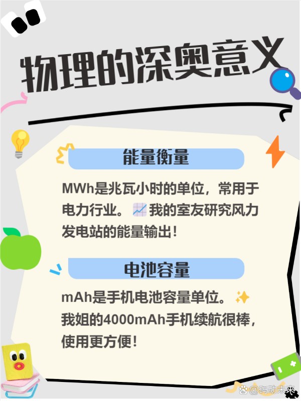 mwh和mah有什么区别 你有没有想过，mWh和mAh到底有什么不同呢？ 今天，我们就来揭开这两个电能单位的神秘面纱！ 通过这篇文章，你将了解它们的定义、应用以及实际使用中的差异。 准备好了吗？让我们一起探索吧！ --- 一、 基本定义 MWh和mAh是电能领域的两种重要单位，理解它们的区别对我们日常生活非常有帮助哦！ MWh代表的是能量，而mAh则是电量的单位，二者的应用场景完全不同呢！ 我发现，很多人对这两个单位常常搞混，今天就来帮大家理清楚这其中的关系吧！ - 1 能量单位 ：MWh，也就是兆瓦小时，是一个表示电能总量的单位哦！ 比如说，我的宿舍楼每个月的电费账单上就会看到这个单位，它帮助我们了解整体用电情况。 在大规模电力生产和消费中，MWh是必不可少的哦，它让我们对能源使用有更清晰的认识！ - 2 电量单位 ：而mAh，即毫安时，是用来衡量电池容量的单位呢！ 我记得我朋友刚买的新手机，电池容量就是用mAh来标识的，这样我们就可以比较不同手机之间的续航能力了。 所以，当你看到一款手机标称4000mAh时，就知道它能够提供更长时间的使用体验啦！ --- 二、 物理意义 在电力工程中，MWh和mAh的定义可谓是基础中的基础！ MWh是用来衡量能量的单位，而mAh则是电池容量的衡量标准。 我发现，理解这两者的区别非常重要，尤其是在选择电池时！ - 1 能量衡量 ：MWh代表的是兆瓦小时，是一种能量的单位，常用于大规模电力生产和消费。 比如说，我的室友在研究可再生能源时，经常用到这个单位来计算风力发电站的能量输出！ 它帮助我们更清晰地了解电力系统的运作和效率哦！ - 2 电池容量 ：而mAh则是毫安时，它主要用来衡量小型设备如手机、电动工具等的电池容量。 我记得有一次，我姐姐买了一款新手机，看到它有4000mAh的电池，我立刻就知道这款手机续航能力很强！ 通过这个单位，我们可以方便地比较不同设备的使用时间和性能哦！ --- 三、 应用范围 MWh和mAh在应用场景上有很大的不同哦！ MWh通常用于大规模的电力生产和消费，比如发电厂的能量计量。 而mAh则更常见于小型设备，如手机和笔记本电脑的电池容量测量。 - 1 大规模场景 ：在我的经验中，MWh常用于电力系统和可再生能源领域，比如风能和太阳能发电。 我曾经参观过一个大型风电场，那里用MWh来衡量每年产生的电能，真的是一个庞大的数字呢！ 这种单位帮助我们理解整个电网的运行效率以及可持续发展目标。 - 2 小规模场景 ：而mAh则是我们日常生活中更容易接触到的单位了。 比如我舍友的手机，电池容量就是以mAh来标注的，这直接影-有驾
