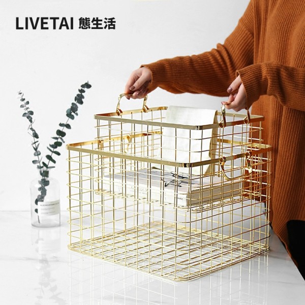 态生活桌面零食整理篮大脏衣篓手提置物篮ins北欧铁艺金色收纳筐