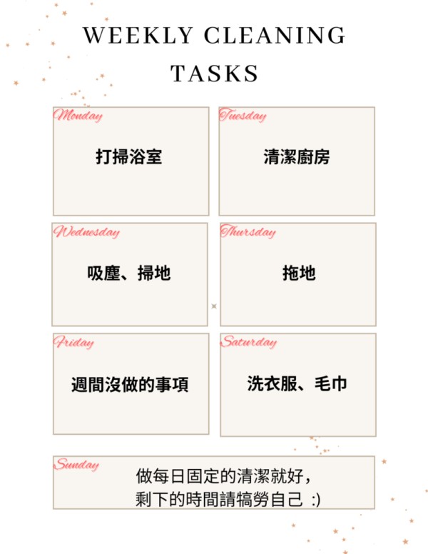 每週居家打掃清潔清單 每日、每週、每月清潔參考清單 打掃清潔攻略