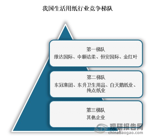 从竞争梯队来看主要可分为三个，其中位于行业第一梯队的企业为维达国际、中顺洁柔、恒安国际、金红叶，这些企业生活用纸产品销售到全国多个地区；位于行业第二梯队企业为东冠集团、东升卫生用品、白天鹅纸业、纯点纸业；这些企业生活用纸产品主要销售到部分区域；位于行业第三梯队的则为其他企业。